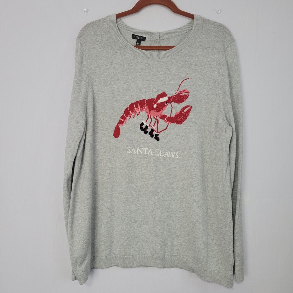 Talbots Santa Claws Lobster Sweater size XXL Gray Christmas Holiday Coastal